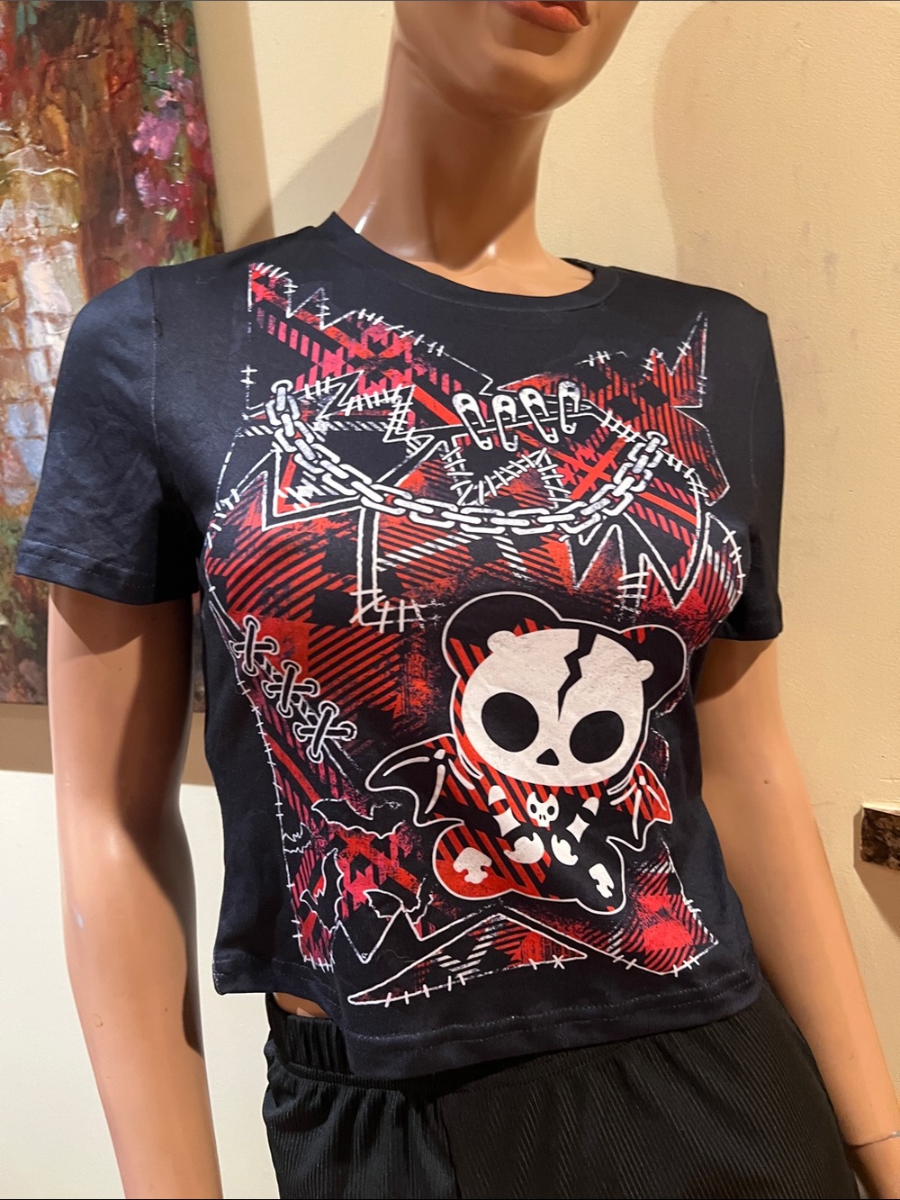 Goth emo  Black crop top S with Red & White Panda Skull nwt